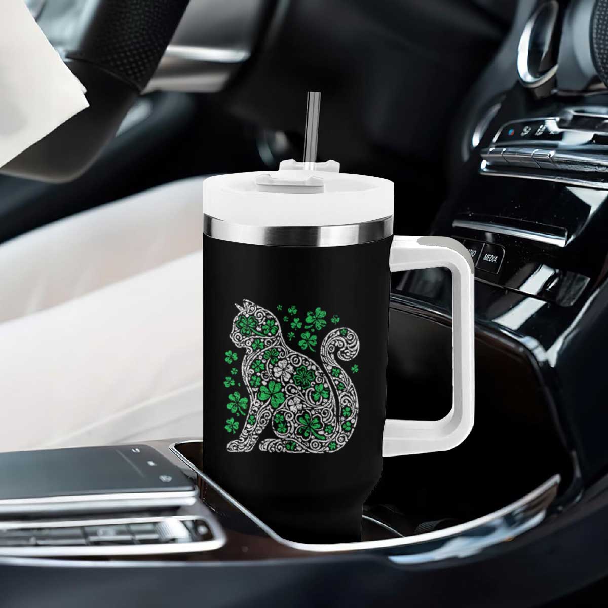 Irish Shamrock Cat Graphic Tumbler With Handle Saint Patrick Day for Cat Lovers TS02 Print Your Wear