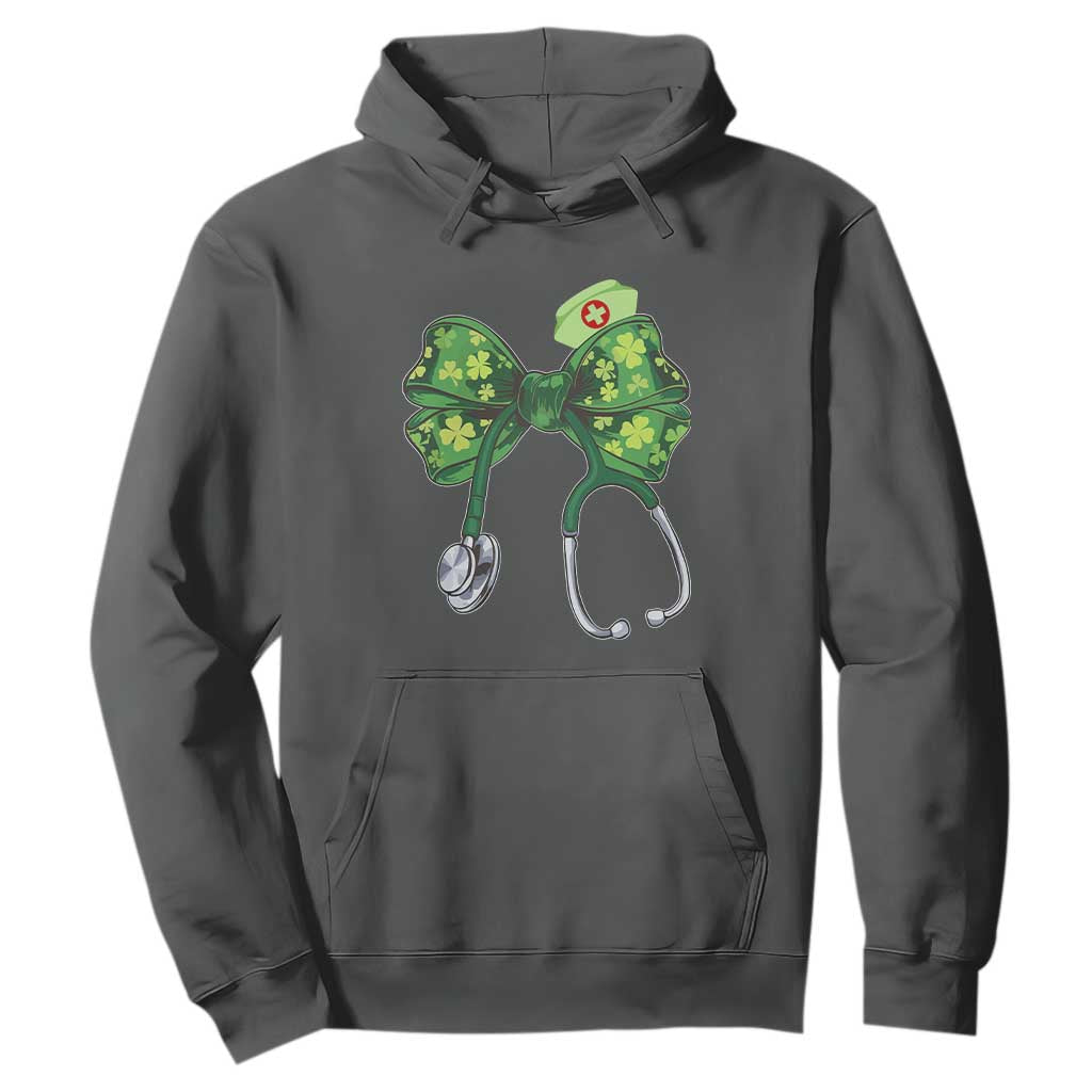 Shamrock Coquette Bow Stethoscope Hoodie Registered Nurse Nursing St Patricks Day TS02 Dark Heather Print Your Wear