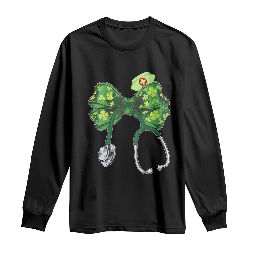 Shamrock Coquette Bow Stethoscope Long Sleeve Shirt Registered Nurse Nursing St Patricks Day TS02 Black Print Your Wear