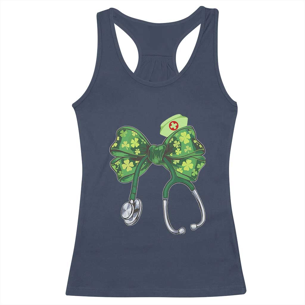 Shamrock Coquette Bow Stethoscope Racerback Tank Top Registered Nurse Nursing St Patricks Day TS02 Navy Print Your Wear