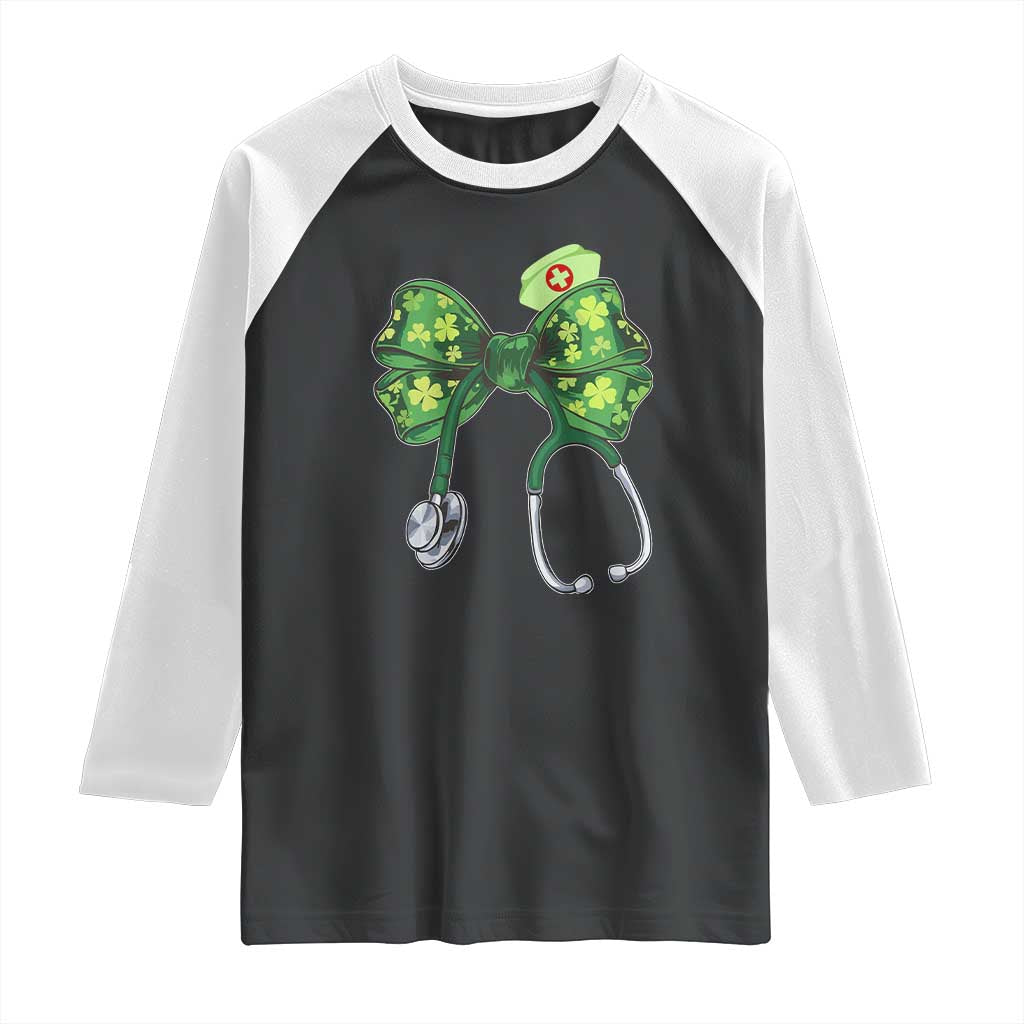 Shamrock Coquette Bow Stethoscope Raglan Shirt Registered Nurse Nursing St Patricks Day TS02 Black White Print Your Wear