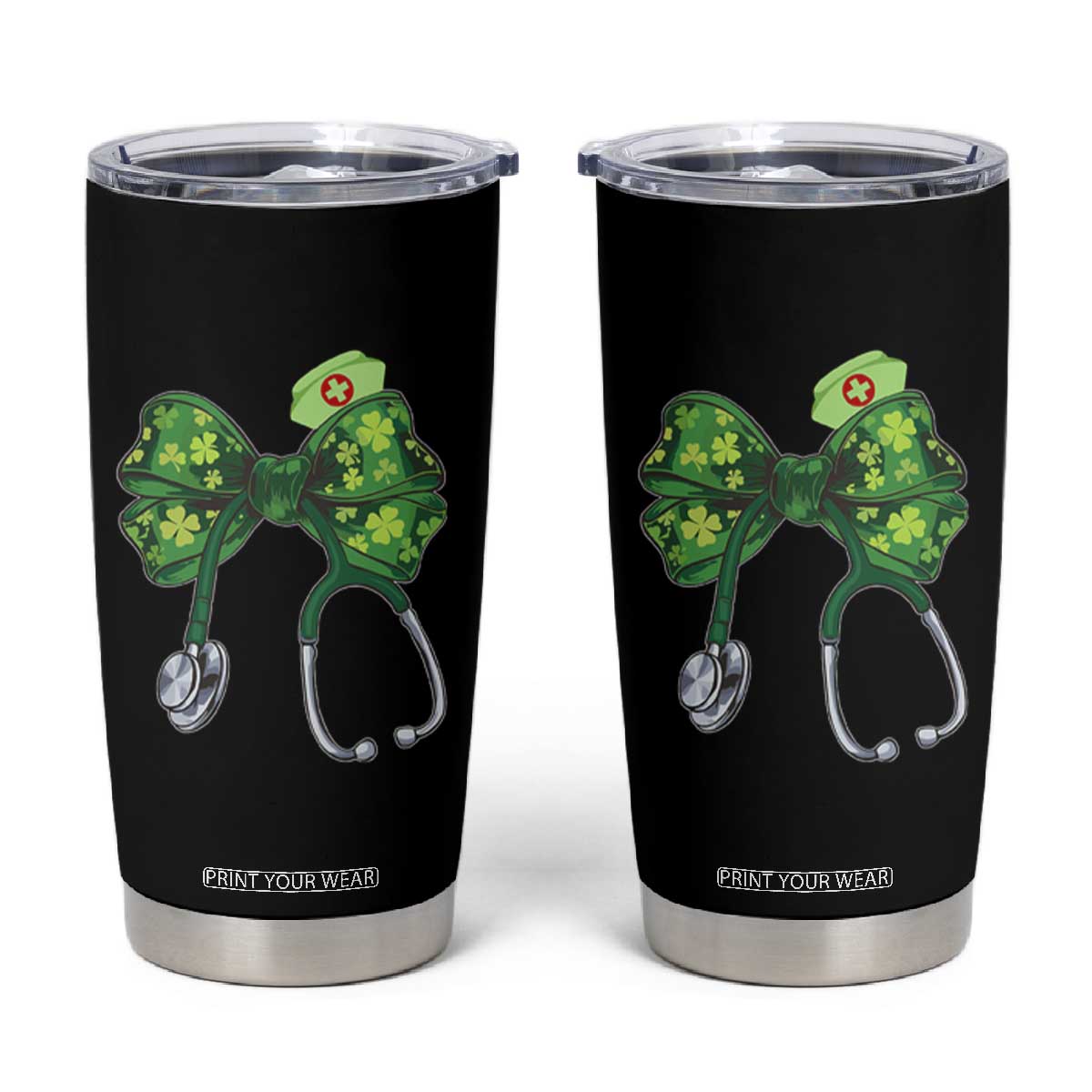 Shamrock Coquette Bow Stethoscope Tumbler Cup Registered Nurse Nursing St Patricks Day TS02 Black Print Your Wear