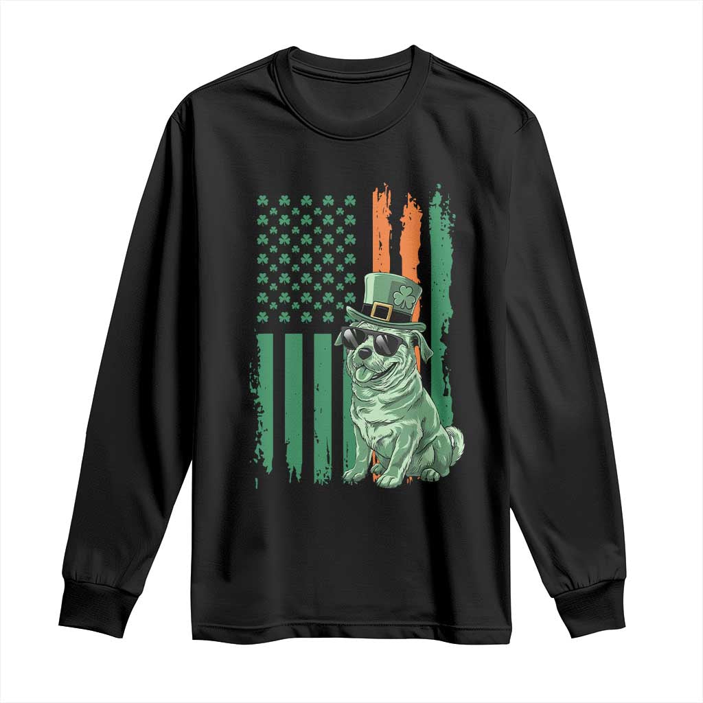 Funny St Patrick's Day Pug Leprechaun Long Sleeve Shirt Dog Lover Puppy Green American Flag TS02 Black Print Your Wear