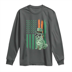 Funny St Patrick's Day Pug Leprechaun Long Sleeve Shirt Dog Lover Puppy Green American Flag TS02 Dark Heather Print Your Wear