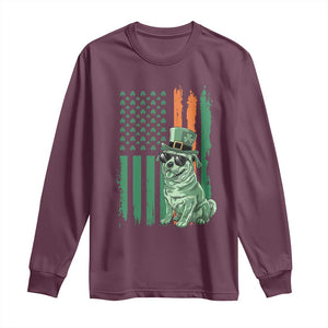 Funny St Patrick's Day Pug Leprechaun Long Sleeve Shirt Dog Lover Puppy Green American Flag TS02 Maroon Print Your Wear