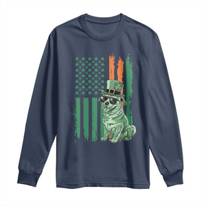 Funny St Patrick's Day Pug Leprechaun Long Sleeve Shirt Dog Lover Puppy Green American Flag TS02 Navy Print Your Wear