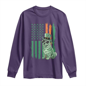 Funny St Patrick's Day Pug Leprechaun Long Sleeve Shirt Dog Lover Puppy Green American Flag TS02 Purple Print Your Wear