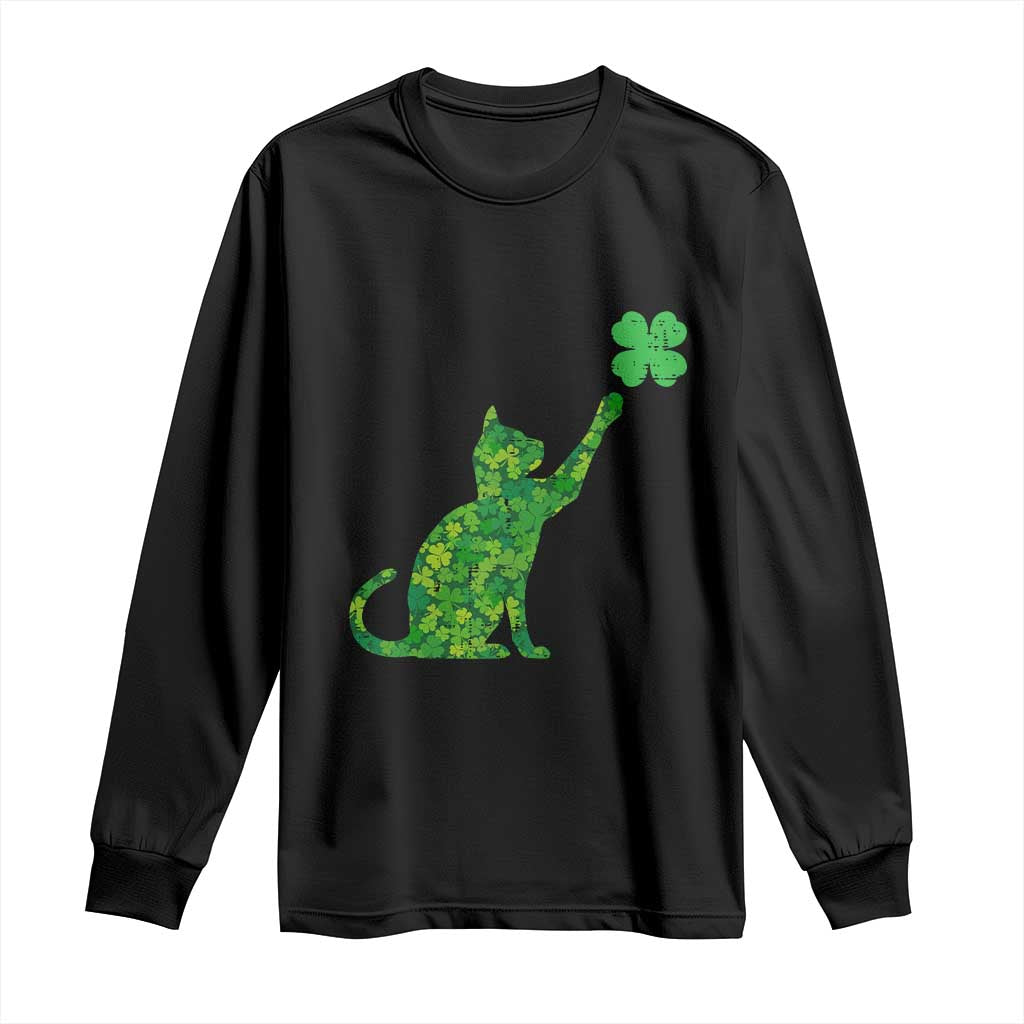 St Patricks Day Shamrock Cat Long Sleeve Shirt Saint Pattys Cats Lover TS02 Black Print Your Wear