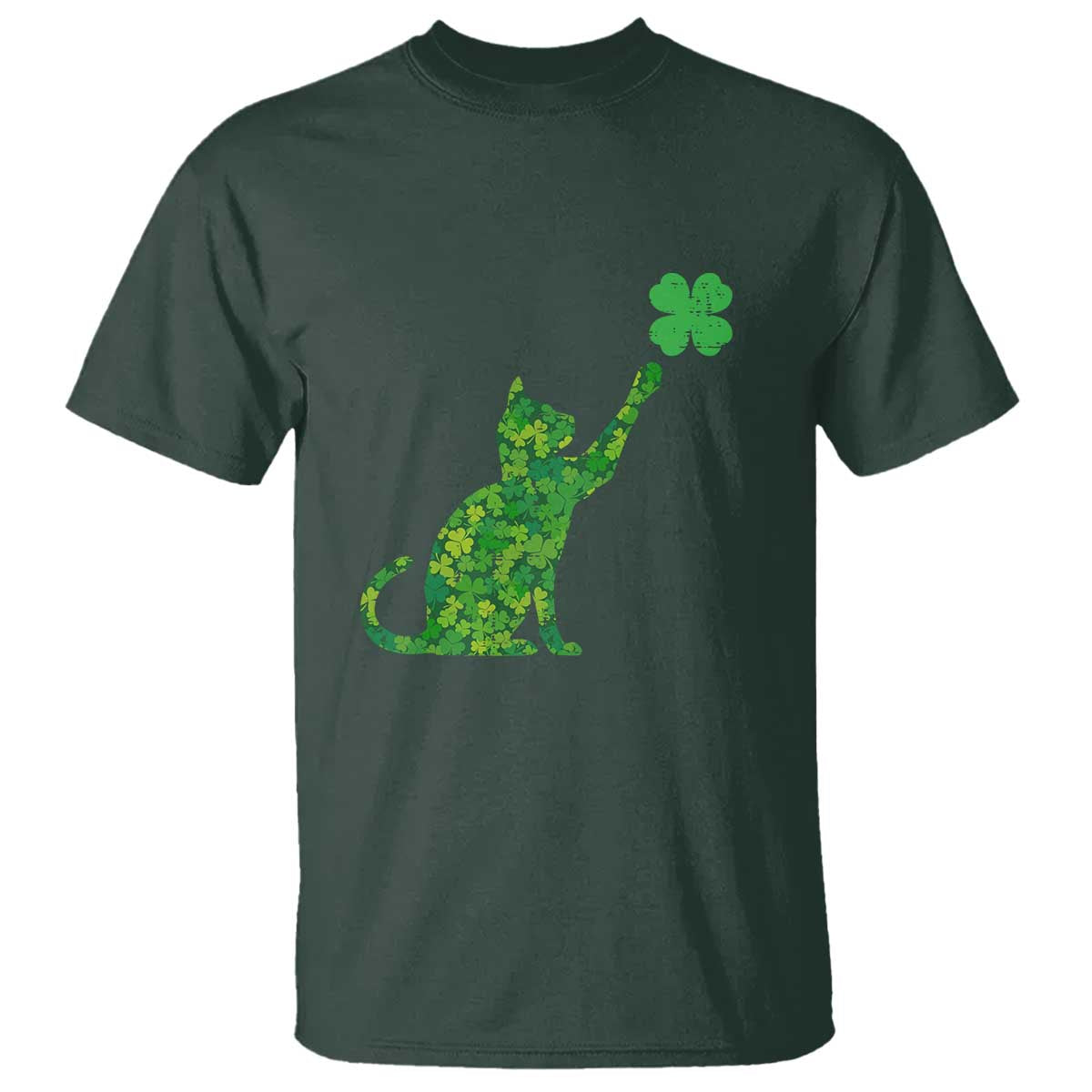 St Patricks Day Shamrock Cat T Shirt Saint Pattys Cats Lover TS02 Dark Forest Green Print Your Wear