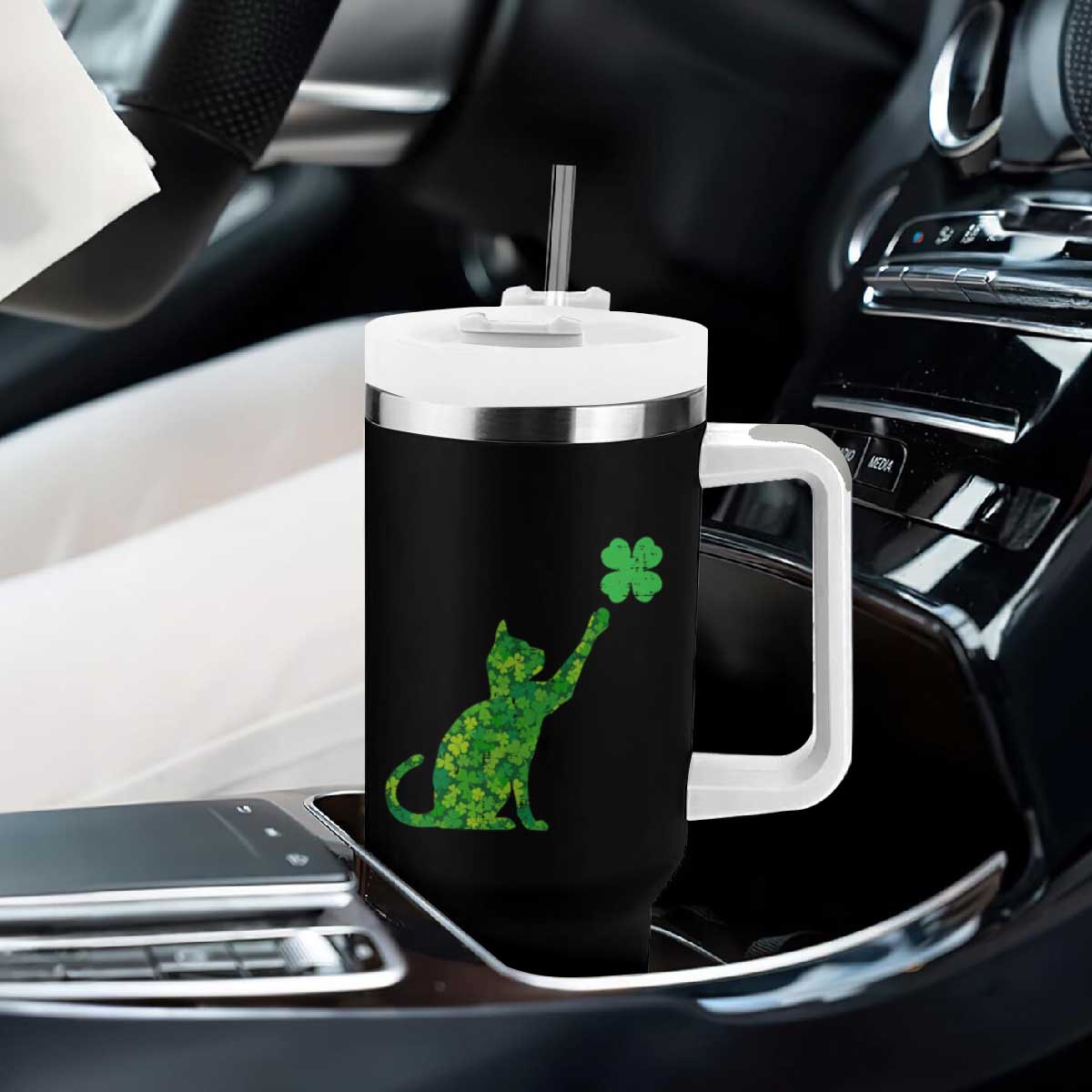 St Patricks Day Shamrock Cat Tumbler With Handle Saint Pattys Cats Lover TS02 Print Your Wear