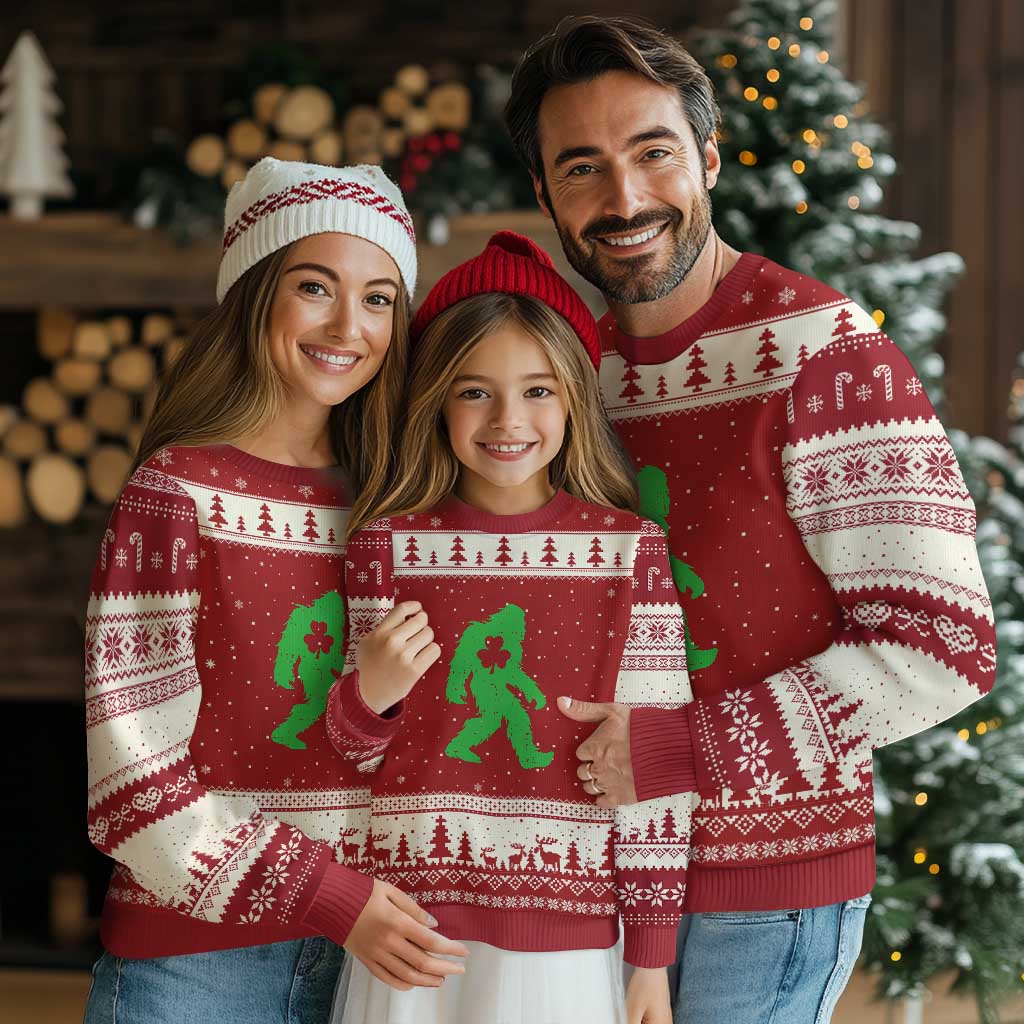 St Patricks Day Bigfoot Ugly Christmas Sweater Sasquatch Lucky Shamrock TS02 Red Beige Print Your Wear
