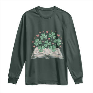 St Patricks Day Book Lover Long Sleeve Shirt Librarian Core Lucky Shamrocks TS02 Dark Forest Green Print Your Wear