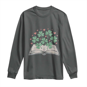 St Patricks Day Book Lover Long Sleeve Shirt Librarian Core Lucky Shamrocks TS02 Dark Heather Print Your Wear