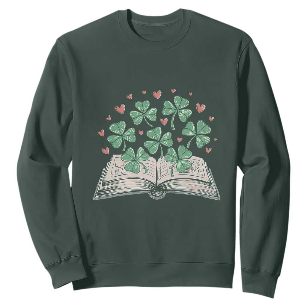 St Patricks Day Book Lover Sweatshirt Librarian Core Lucky Shamrocks TS02 Dark Forest Green Print Your Wear