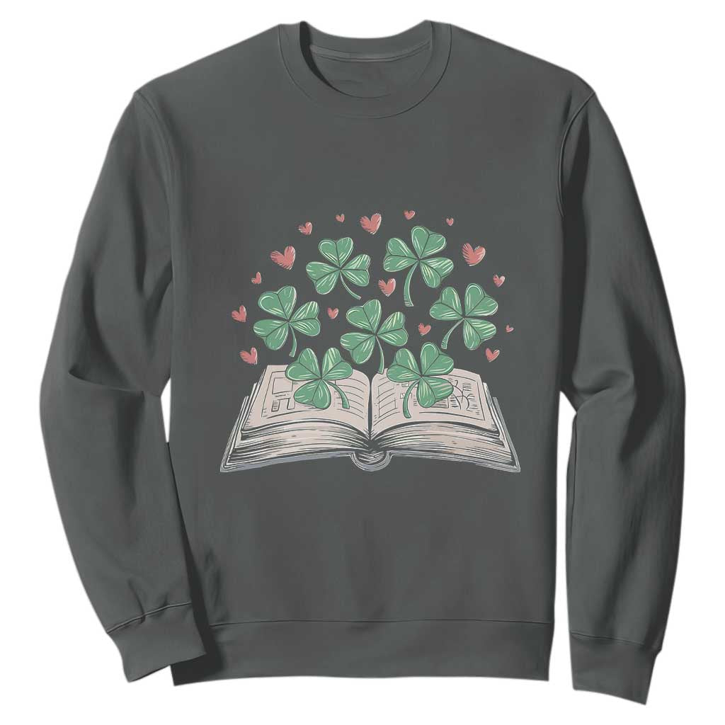 St Patricks Day Book Lover Sweatshirt Librarian Core Lucky Shamrocks TS02 Dark Heather Print Your Wear