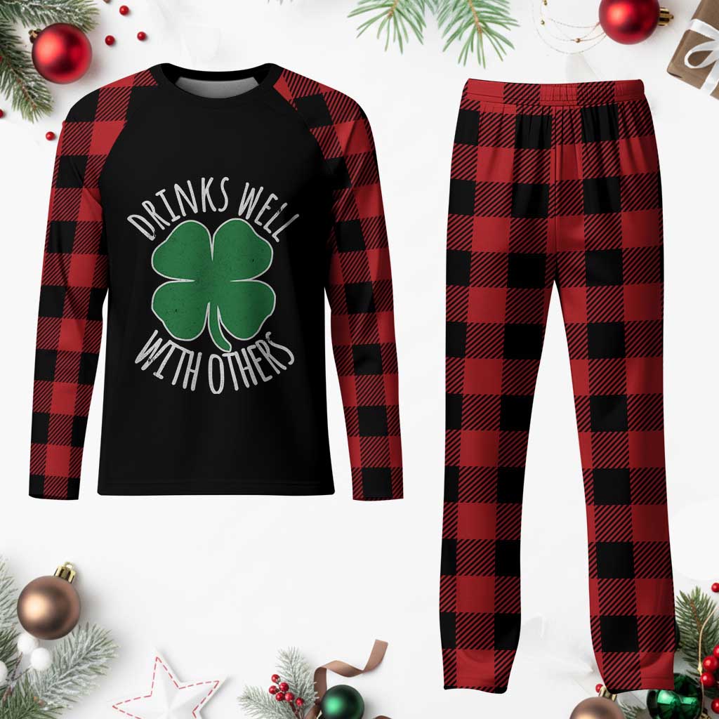 Funny St Patricks Day Drinking Plaid Pajama Set Drinks Well With Others Drunk Beer Lucky Shamrock TS02 Buffalo Plaid Print Your Wear