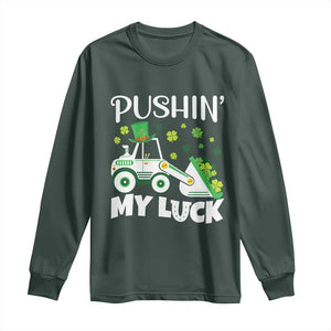 St Patricks Day Boys Truck Long Sleeve Shirt Pushing My Luck Tractor Toy Lover TS02 Dark Forest Green Print Your Wear