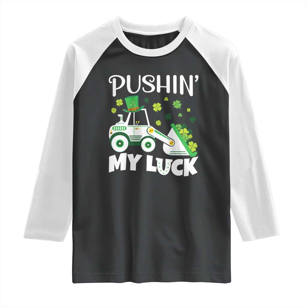 St Patricks Day Boys Truck Raglan Shirt Pushing My Luck Tractor Toy Lover TS02 Black White Print Your Wear