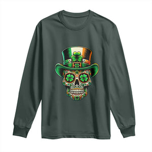 San Patties Irish Sugar Skull Long Sleeve Shirt St Patricks Day Of The Dead TS02 Dark Forest Green Print Your Wear