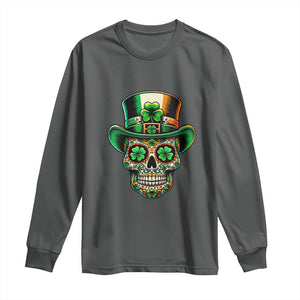 San Patties Irish Sugar Skull Long Sleeve Shirt St Patricks Day Of The Dead TS02 Dark Heather Print Your Wear