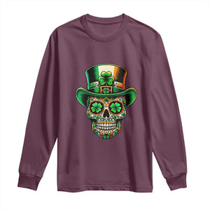 San Patties Irish Sugar Skull Long Sleeve Shirt St Patricks Day Of The Dead TS02 Maroon Print Your Wear