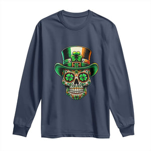 San Patties Irish Sugar Skull Long Sleeve Shirt St Patricks Day Of The Dead TS02 Navy Print Your Wear