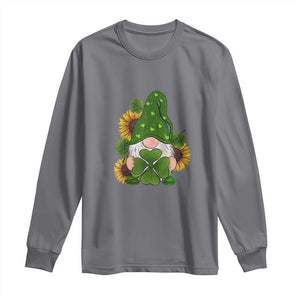 St Patrick's Day Cute Gnomes Long Sleeve Shirt Holding Shamrock Sunflower TS02 Charcoal Print Your Wear