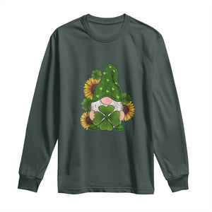 St Patrick's Day Cute Gnomes Long Sleeve Shirt Holding Shamrock Sunflower TS02 Dark Forest Green Print Your Wear