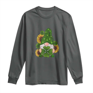 St Patrick's Day Cute Gnomes Long Sleeve Shirt Holding Shamrock Sunflower TS02 Dark Heather Print Your Wear