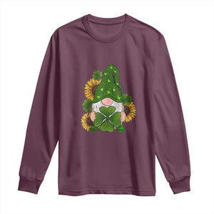 St Patrick's Day Cute Gnomes Long Sleeve Shirt Holding Shamrock Sunflower TS02 Maroon Print Your Wear