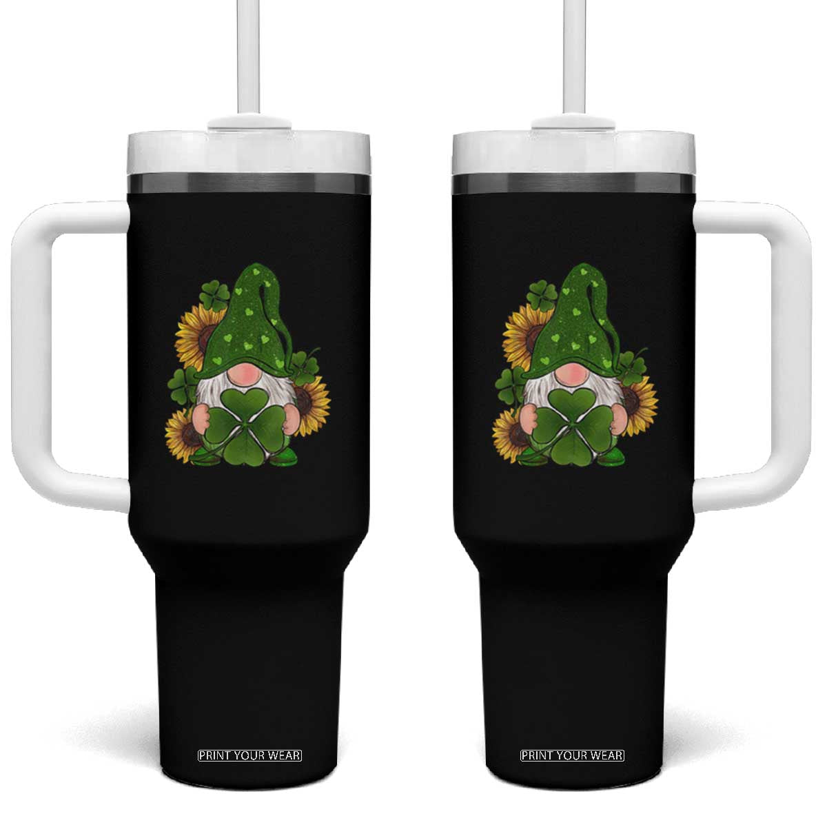 St Patrick's Day Cute Gnomes Tumbler With Handle Holding Shamrock Sunflower TS02 One Size: 40 oz Black Print Your Wear