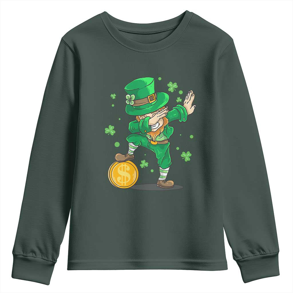 Cute Dabbing Leprechaun Youth Sweatshirt Funny St Patricks Day TS02 Dark Forest Green Print Your Wear