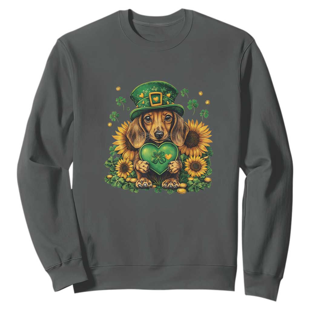 Cute Dachshund Leprechaun Sweatshirt Shamrock St. Patrick's Day Dog Lover TS02 Dark Heather Print Your Wear