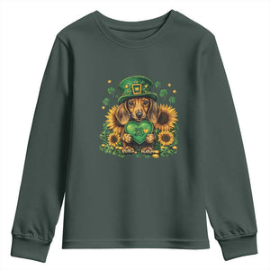 Cute Dachshund Leprechaun Youth Sweatshirt Shamrock St. Patrick's Day Dog Lover TS02 Dark Forest Green Print Your Wear
