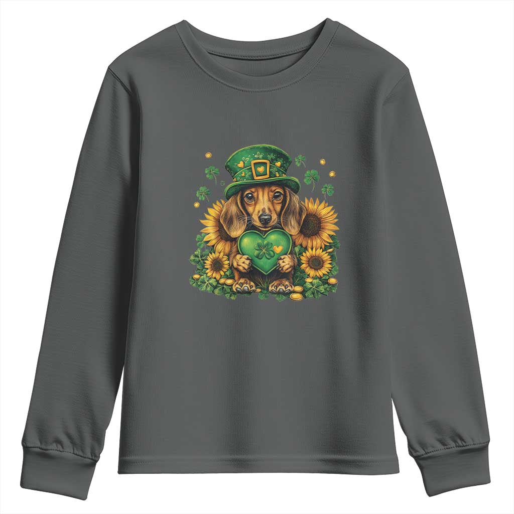 Cute Dachshund Leprechaun Youth Sweatshirt Shamrock St. Patrick's Day Dog Lover TS02 Dark Heather Print Your Wear