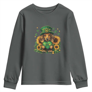 Cute Dachshund Leprechaun Youth Sweatshirt Shamrock St. Patrick's Day Dog Lover TS02 Dark Heather Print Your Wear