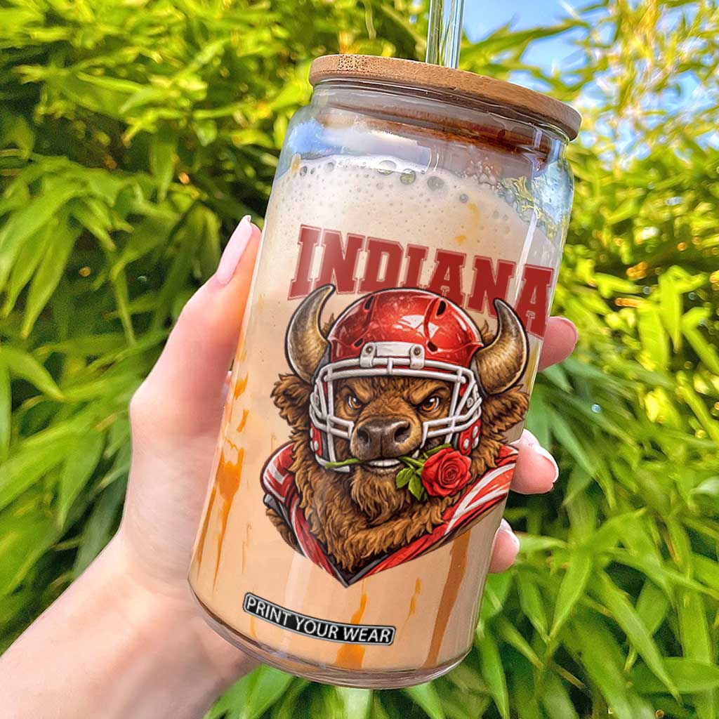 Indiana Football Spirit Bison with Rose Graphic Glass Can Hoosier State Sports Pride TS02 White Print Your Wear