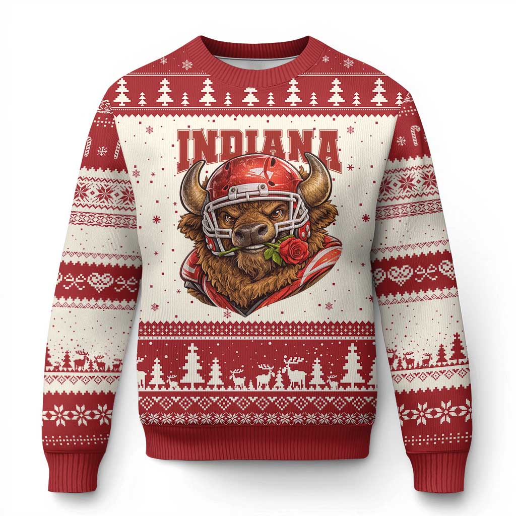 Indiana Football Spirit Bison with Rose Graphic Ugly Christmas Sweater Hoosier State Sports Pride TS02 Beige Red Print Your Wear