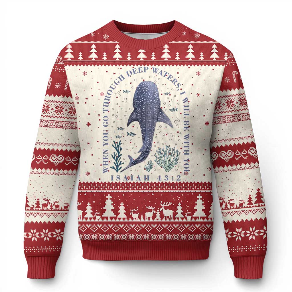 Inspirational Christian Bible Verse Isaiah 43:2 Whale Shark Ugly Christmas Sweater When You Go Through Deep Waters I Will Be With You TS02 Beige Red Print Your Wear