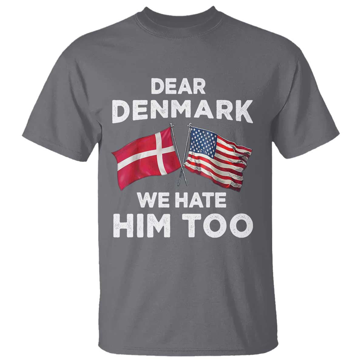 Dear Denmark We Hate Him Too T Shirt - Funny Political Satire US and Danish Flags Tee TS02 Charcoal Print Your Wear