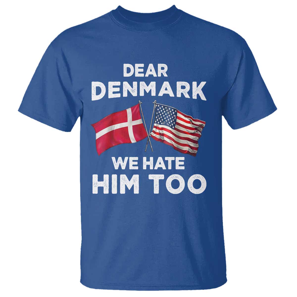 Dear Denmark We Hate Him Too T Shirt - Funny Political Satire US and Danish Flags Tee TS02 Royal Blue Print Your Wear