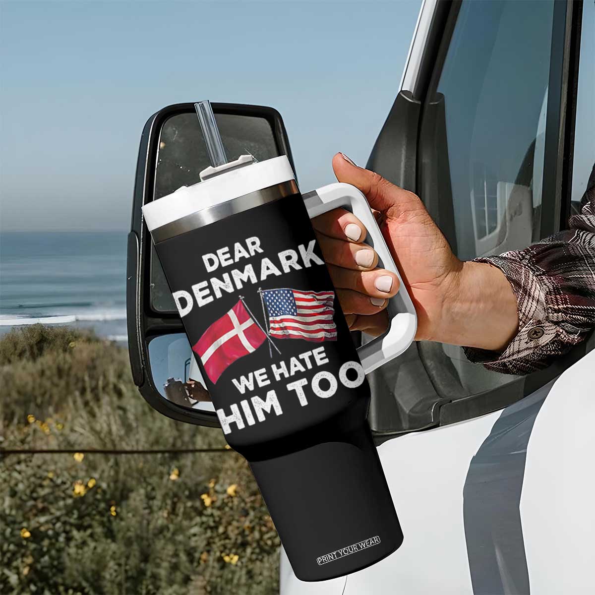 Dear Denmark We Hate Him Too Tumbler With Handle Funny Political Satire with US and Danish Flags TS02 Print Your Wear