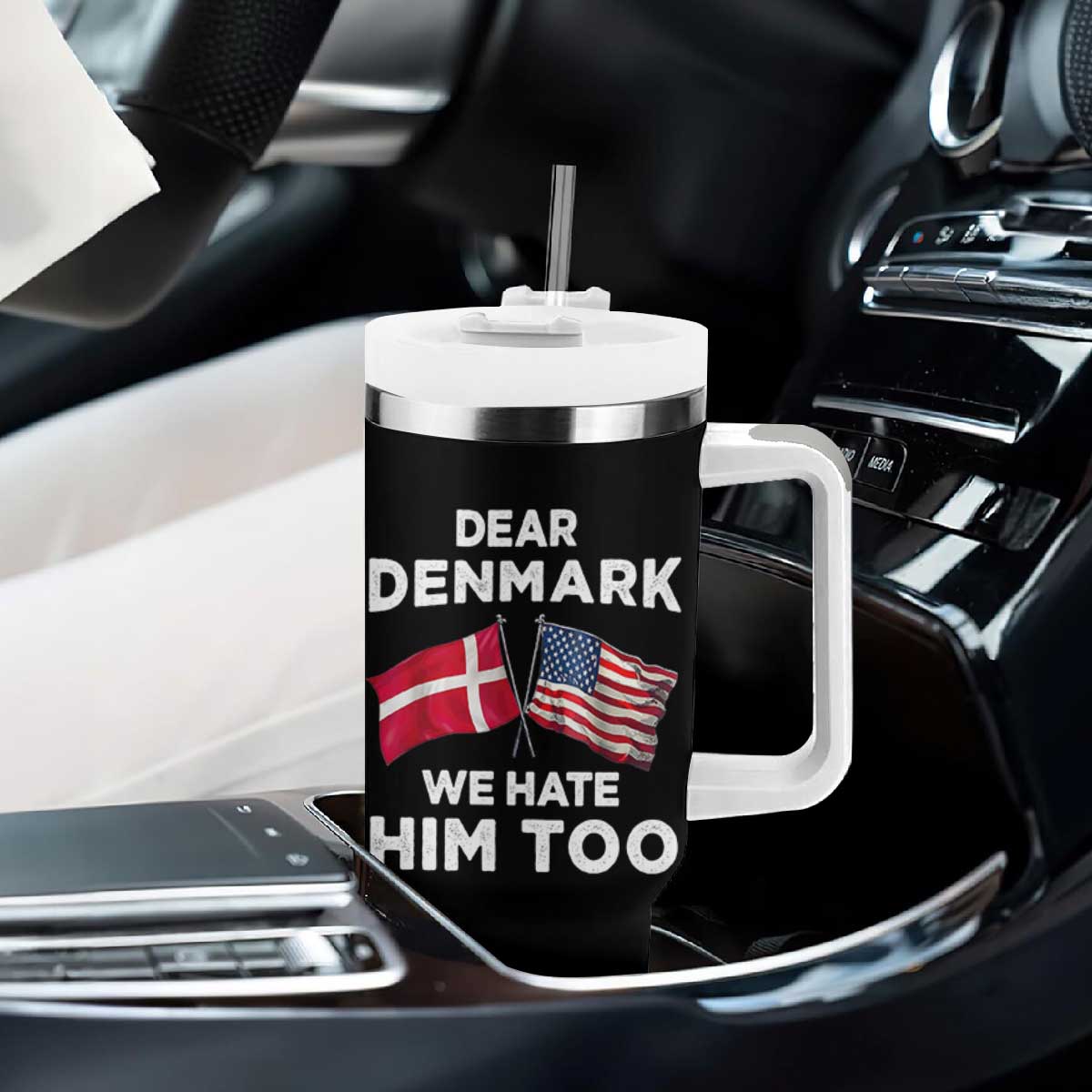 Dear Denmark We Hate Him Too Tumbler With Handle Funny Political Satire with US and Danish Flags TS02 Print Your Wear