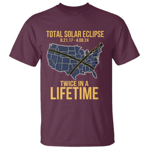 Total Solar Eclipse T Shirt Twice In A Life Time Tour Map American Totality 2024 2017 TS02 Maroon Printyourwear