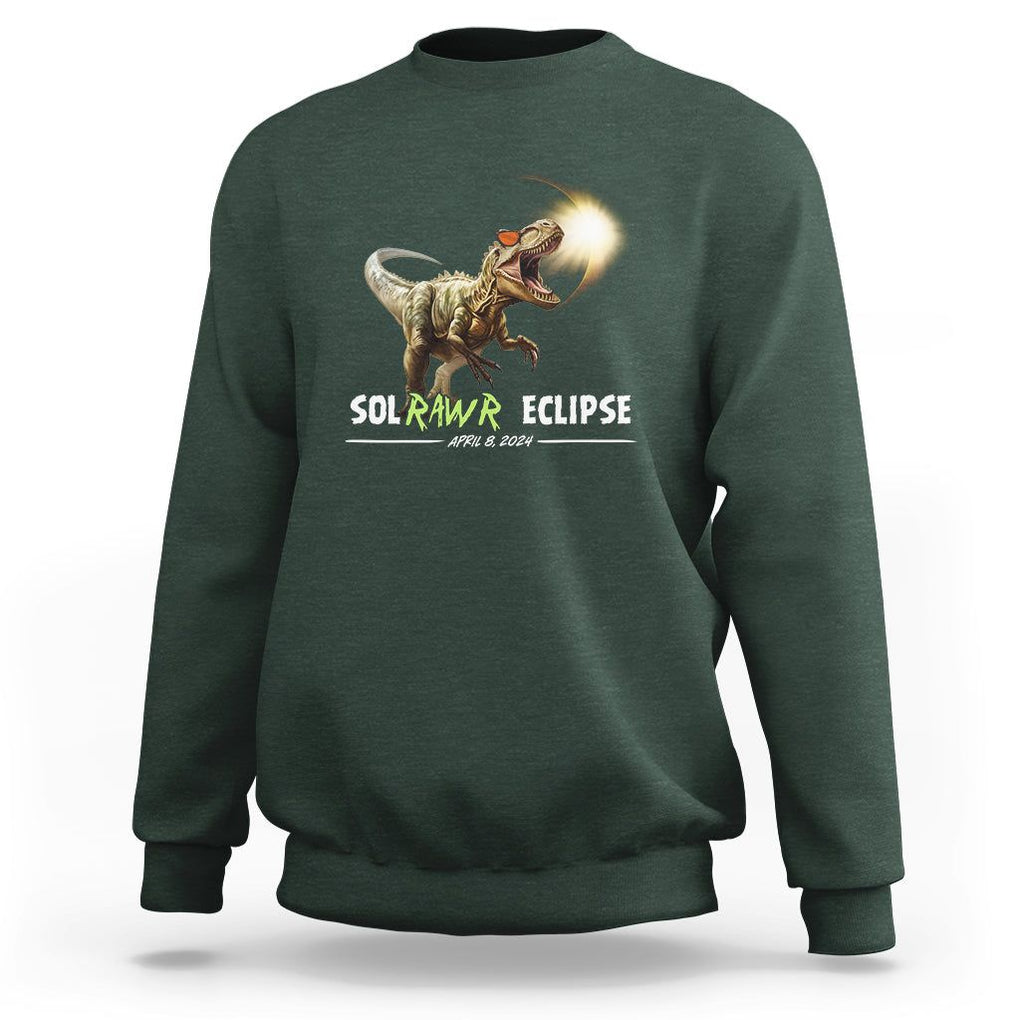 Total Solar Eclipse Dinosaur Sweatshirt Solrawr Eclipse April 8 2024 TS02 Dark Forest Green Printyourwear