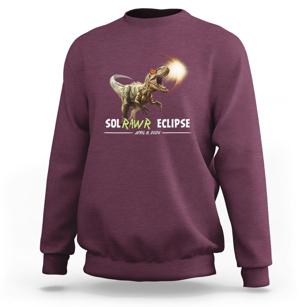 Total Solar Eclipse Dinosaur Sweatshirt Solrawr Eclipse April 8 2024 TS02 Maroon Printyourwear