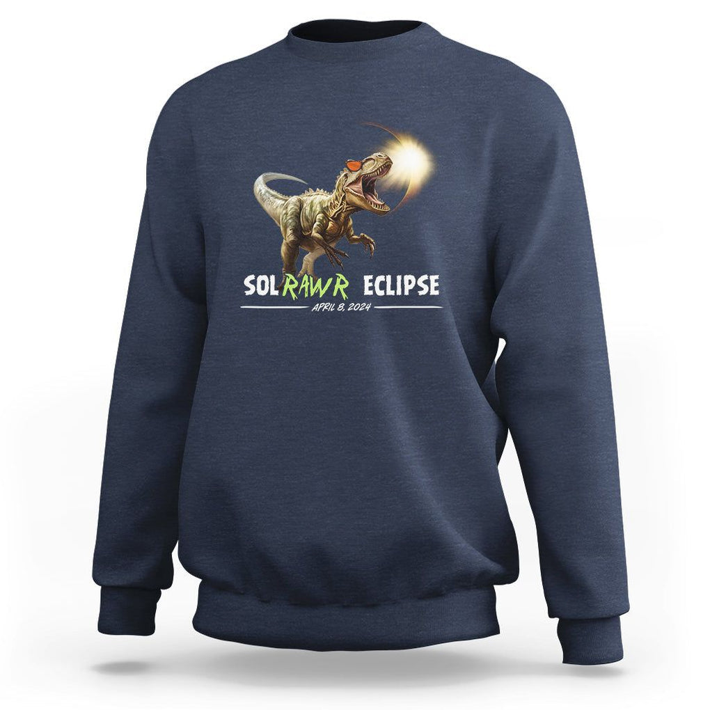 Total Solar Eclipse Dinosaur Sweatshirt Solrawr Eclipse April 8 2024 TS02 Navy Printyourwear