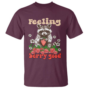 Funny Raccoon T Shirt Feeling Berry Good Eating Strawberries TS02 Maroon Printyourwear