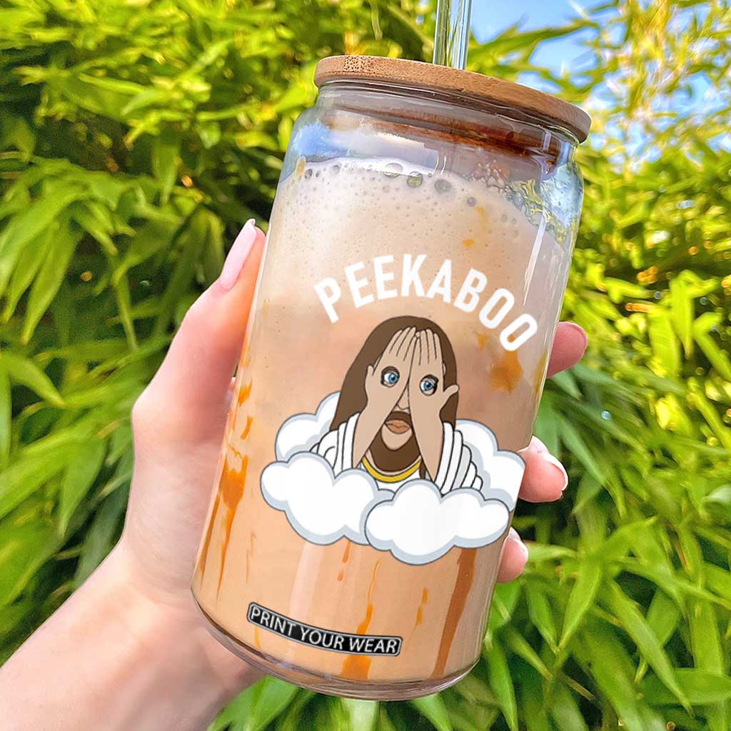 Peekaboo Jesus Funny Christian Glass Can Faith Humor Savior in Clouds Religious Meme TS02 Black Print Your Wear