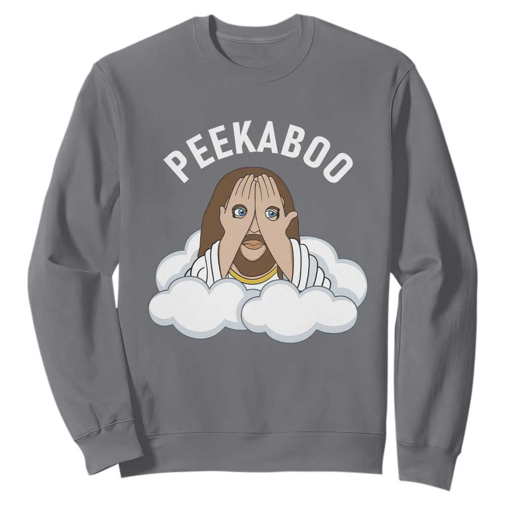 Peekaboo Jesus Funny Christian Sweatshirt Faith Humor Savior in Clouds Religious Meme TS02 Charcoal Print Your Wear